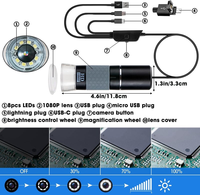 Jiusion 1080p USB Digital Handheld Microscope, 50 to 1000X Magnification Endoscope Full HD 1920 x 1080P Camera 8 LEDs with Metal Stand for iPhone iPad Android Mac Windows Linux Chrome - Image 5