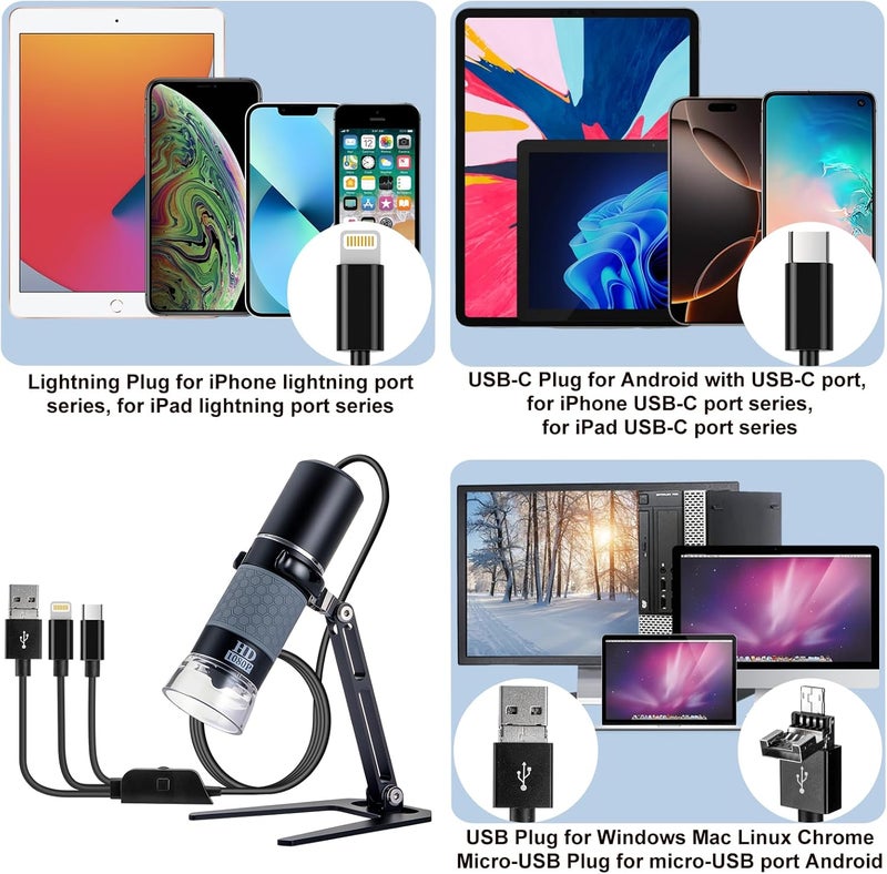 Jiusion 1080p USB Digital Handheld Microscope, 50 to 1000X Magnification Endoscope Full HD 1920 x 1080P Camera 8 LEDs with Metal Stand for iPhone iPad Android Mac Windows Linux Chrome - Image 2
