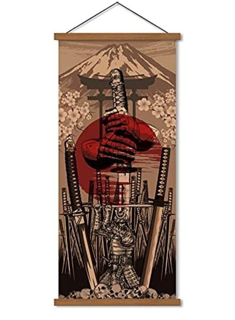 Today Idea Warrior's Dreams Canvas Wall Art Print Poster Armored Helmet Samurai spirit with Scroll Wood Framed Ready to Hanger Home Karate Hall Sushi Restaurant Decor 16”x35” (Samurai Sword) - Image 1