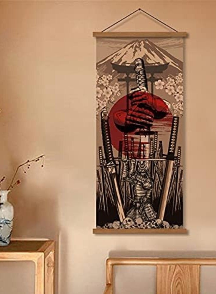 Today Idea Warrior's Dreams Canvas Wall Art Print Poster Armored Helmet Samurai spirit with Scroll Wood Framed Ready to Hanger Home Karate Hall Sushi Restaurant Decor 16”x35” (Samurai Sword) - Image 2