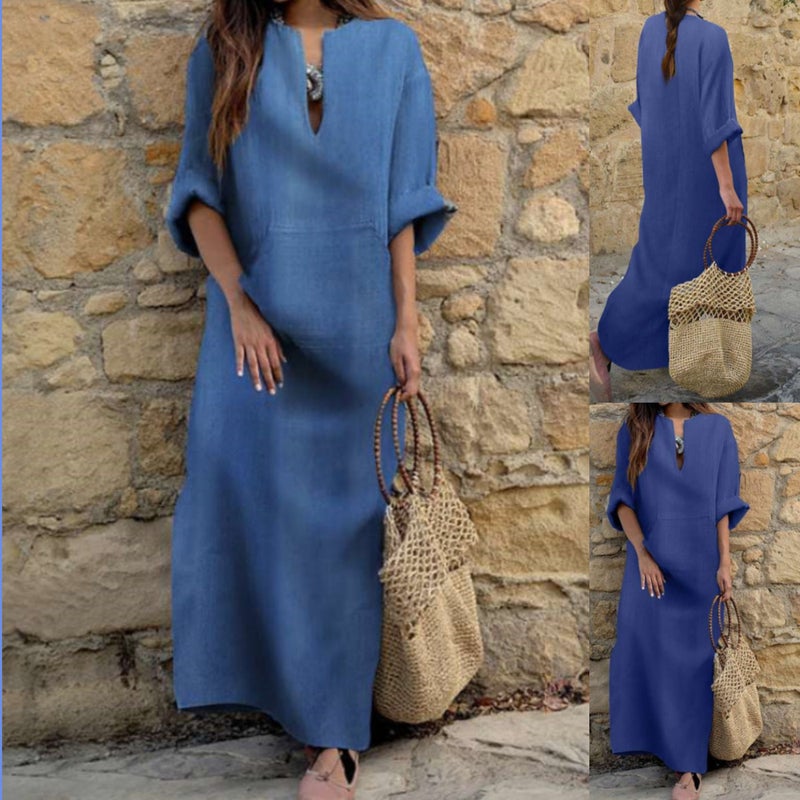Women's V-Neck Denim Dress Loose Casual Long Dress with Pockets - Image 1