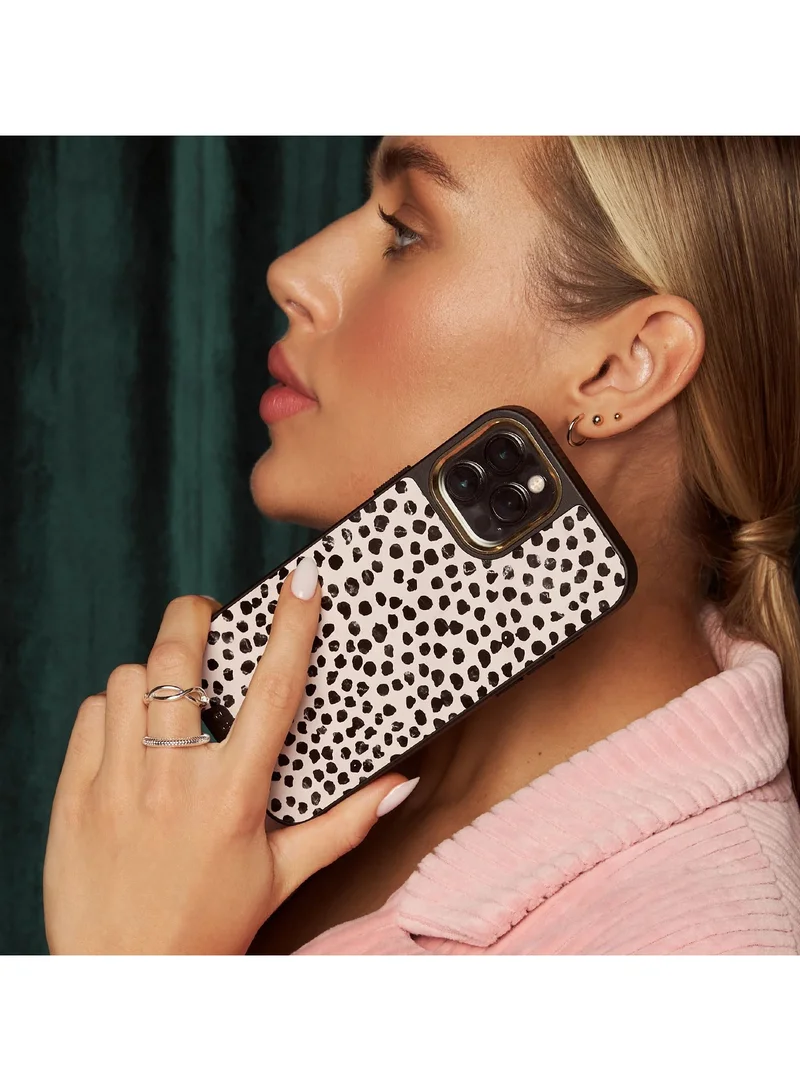 BURGA BURGAPhone Case Compatible with iPhone 14 Plus - Hybrid 2-Layer Hard Shell + Silicone Protective Case -Black Polka Dots Pattern Nude Almond Latte - Scratch-Resistant Shockproof Cover