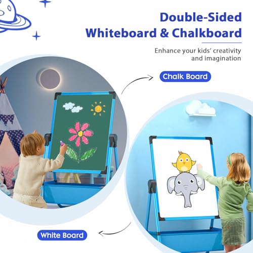 Dawnwake Easel Board for Kids, Kids Iron Art Easel – Double-Sided, Height Adjustable (29.6"-44"), 360° Rotating Whiteboard & Chalkboard, for Ages 2+ (Blue) - Image 3