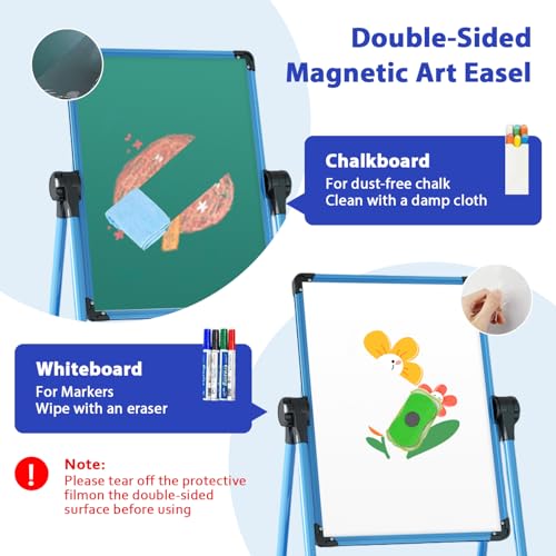 Dawnwake Easel Board for Kids, Kids Iron Art Easel – Double-Sided, Height Adjustable (29.6"-44"), 360° Rotating Whiteboard & Chalkboard, for Ages 2+ (Blue) - Image 4