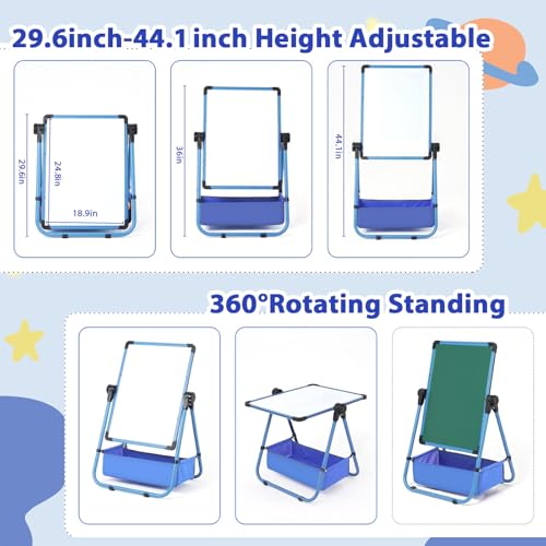 Dawnwake Easel Board for Kids, Kids Iron Art Easel – Double-Sided, Height Adjustable (29.6"-44"), 360° Rotating Whiteboard & Chalkboard, for Ages 2+ (Blue) - Image 5