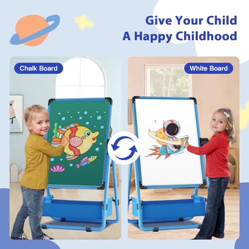 Dawnwake Easel Board for Kids, Kids Iron Art Easel – Double-Sided, Height Adjustable (29.6"-44"), 360° Rotating Whiteboard & Chalkboard, for Ages 2+ (Blue) - Image 2