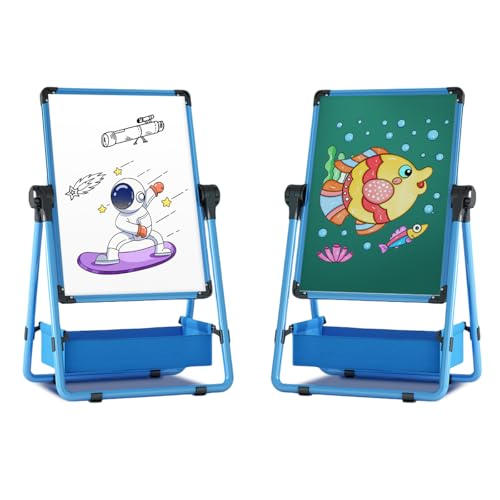 Dawnwake Easel Board for Kids, Kids Iron Art Easel – Double-Sided, Height Adjustable (29.6"-44"), 360° Rotating Whiteboard & Chalkboard, for Ages 2+ (Blue) - Image 1