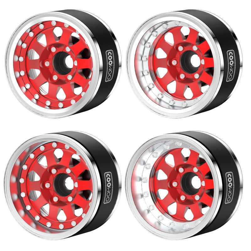 كووو عجلات Coowoo RC ترقية 1.9 في Beadlock Wheels إزاحة قابلة للتعديل لـ 1/10 TRX6 TRX4 أو SCX10 RC مصنوعة من مجموعة من سبيكة الألومنيوم على شكل مجموعة من 4 RED - Image 1