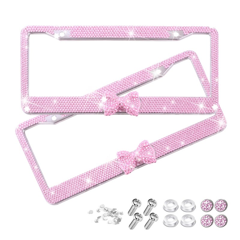 Sandfren Bling Car License Plate Frame for Women, 2PCS Crystal Rhinestone Stainless Steel Vehicle Plate Holder, Glitter Diamond Sparkly Auto Plate Tag Cover Accessories, Universal Fit (Pink/Pink Bow) - Image 1
