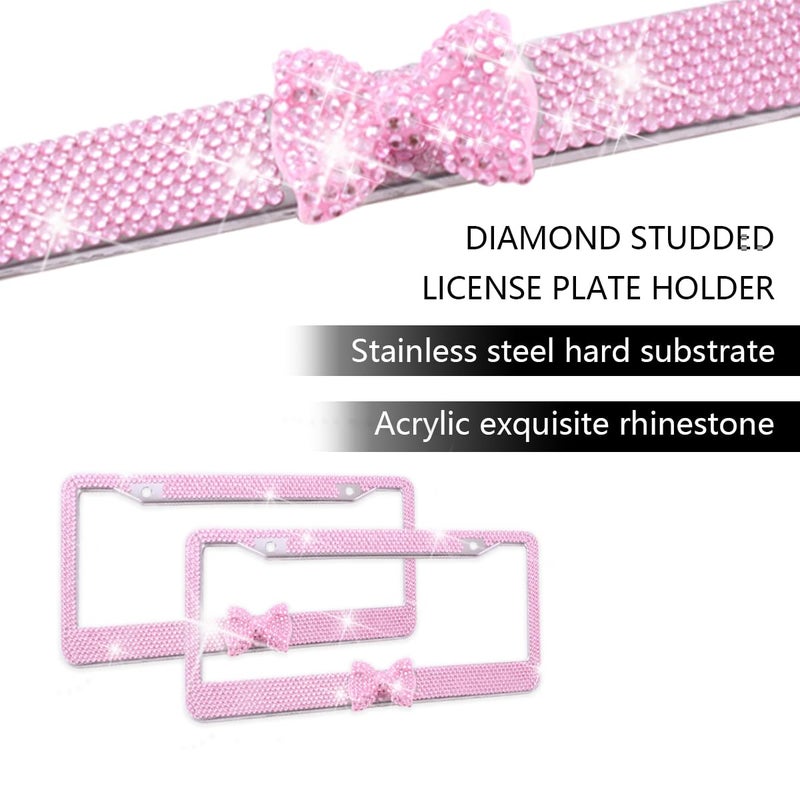 Sandfren Bling Car License Plate Frame for Women, 2PCS Crystal Rhinestone Stainless Steel Vehicle Plate Holder, Glitter Diamond Sparkly Auto Plate Tag Cover Accessories, Universal Fit (Pink/Pink Bow) - Image 3