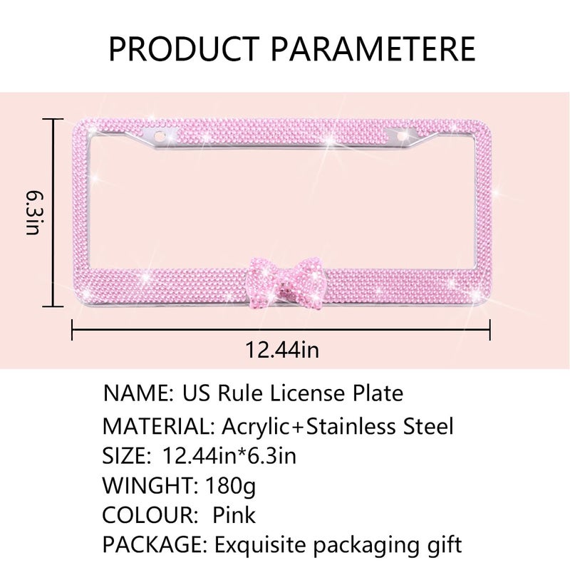 Sandfren Bling Car License Plate Frame for Women, 2PCS Crystal Rhinestone Stainless Steel Vehicle Plate Holder, Glitter Diamond Sparkly Auto Plate Tag Cover Accessories, Universal Fit (Pink/Pink Bow) - Image 2