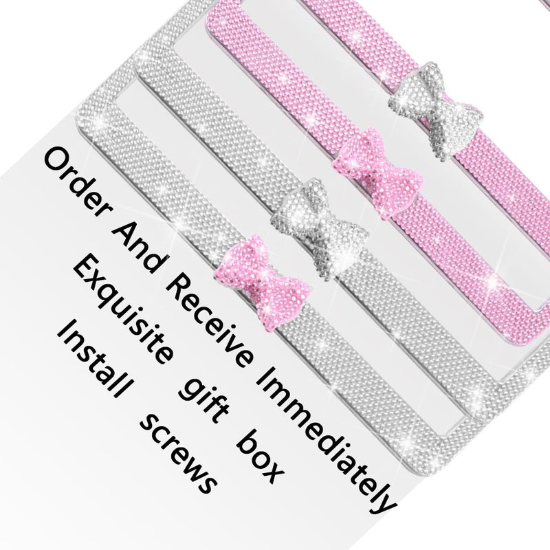 Sandfren Bling Car License Plate Frame for Women, 2PCS Crystal Rhinestone Stainless Steel Vehicle Plate Holder, Glitter Diamond Sparkly Auto Plate Tag Cover Accessories, Universal Fit (Pink/Pink Bow) - Image 5