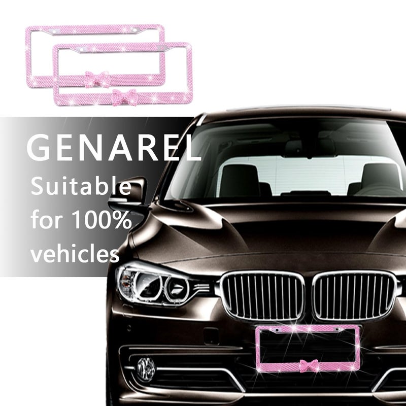 Sandfren Bling Car License Plate Frame for Women, 2PCS Crystal Rhinestone Stainless Steel Vehicle Plate Holder, Glitter Diamond Sparkly Auto Plate Tag Cover Accessories, Universal Fit (Pink/Pink Bow) - Image 4