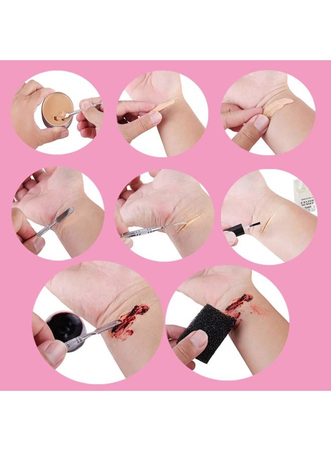 MEICOLY طقم مكياج SFX شمع الندوب، رذاذ دم مزيف (2.1 أونصة) تأثيرات خاصة للهالوين لنمذجة الجروح شمع الجلد (1.67 أونصة) مع ملعقة، إسفنجة سوداء، جل دم متجمد (1.06 أونصة)، 5 مل زيت خروع - Image 3