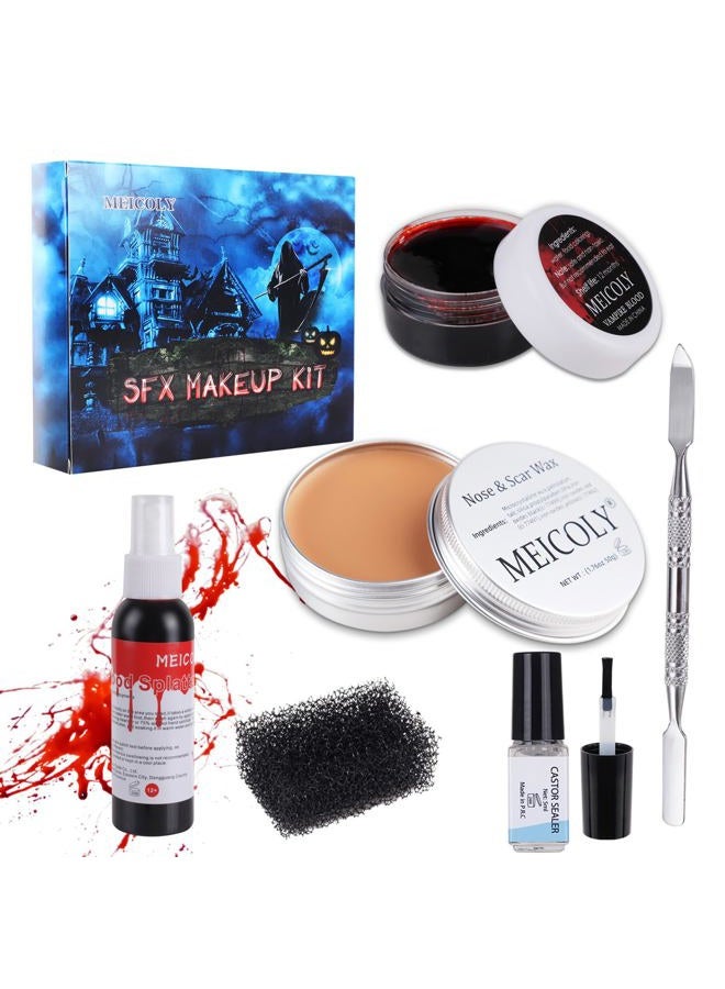 MEICOLY طقم مكياج SFX شمع الندوب، رذاذ دم مزيف (2.1 أونصة) تأثيرات خاصة للهالوين لنمذجة الجروح شمع الجلد (1.67 أونصة) مع ملعقة، إسفنجة سوداء، جل دم متجمد (1.06 أونصة)، 5 مل زيت خروع - Image 1