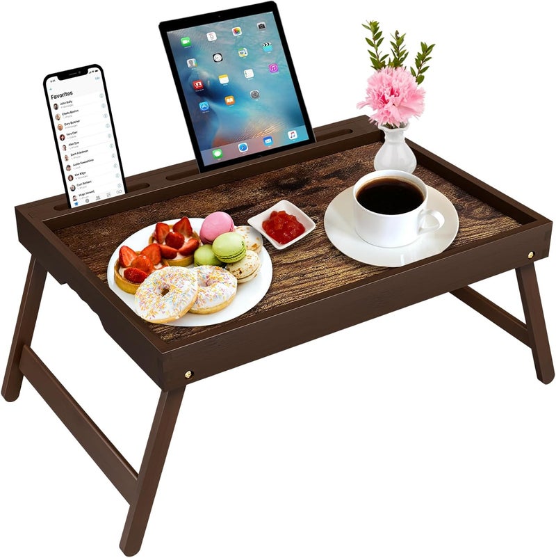 promitop Bamboo Breakfast Tray with Foldable Legs & Detachable Stand | Ergonomic Handle | Portable Bed Tray for Eating, Working, Laptop, Tablet, and Phone（Vintage Walnut） - Image 1