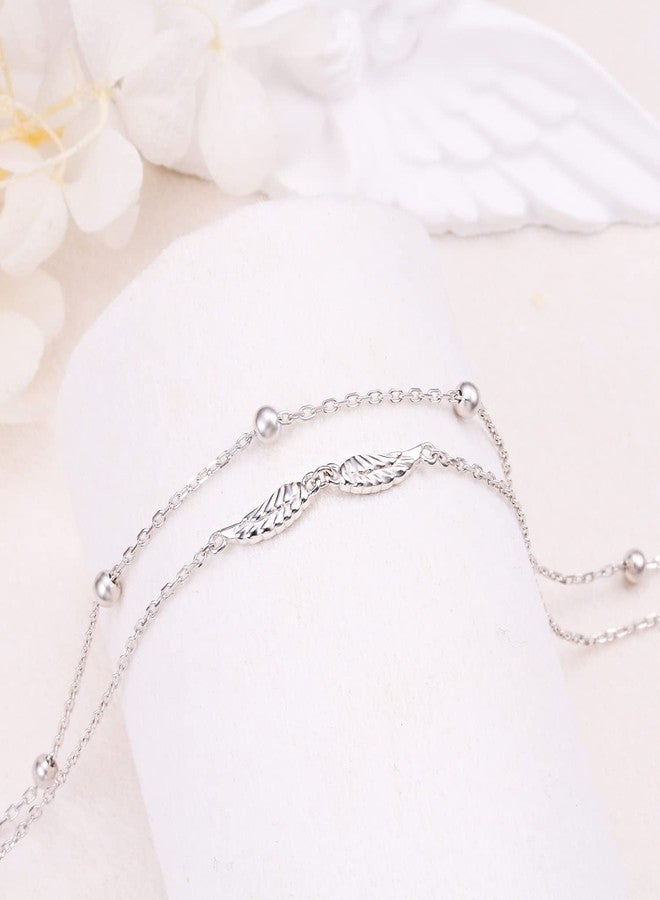 Ladytree Angel Wings Anklet Sterling Silver Adjustable Beaded Feather Wings Charm Multilayer Layered Foot Ankle Bracelet Beach Jewelry Anklets for Women,9+1" - Image 5