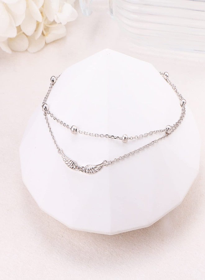 Ladytree Angel Wings Anklet Sterling Silver Adjustable Beaded Feather Wings Charm Multilayer Layered Foot Ankle Bracelet Beach Jewelry Anklets for Women,9+1" - Image 2