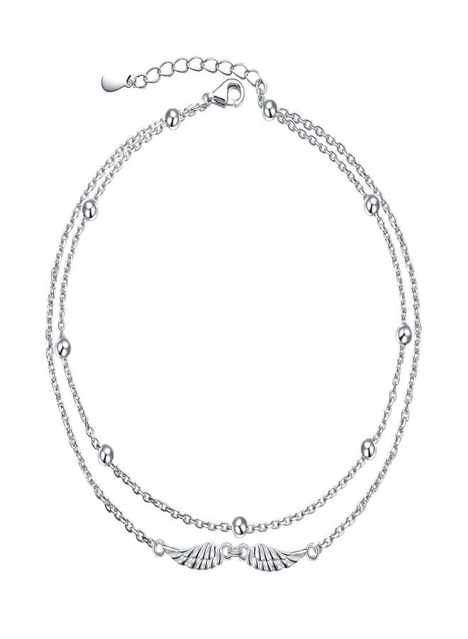 Ladytree Angel Wings Anklet Sterling Silver Adjustable Beaded Feather Wings Charm Multilayer Layered Foot Ankle Bracelet Beach Jewelry Anklets for Women,9+1" - Image 1