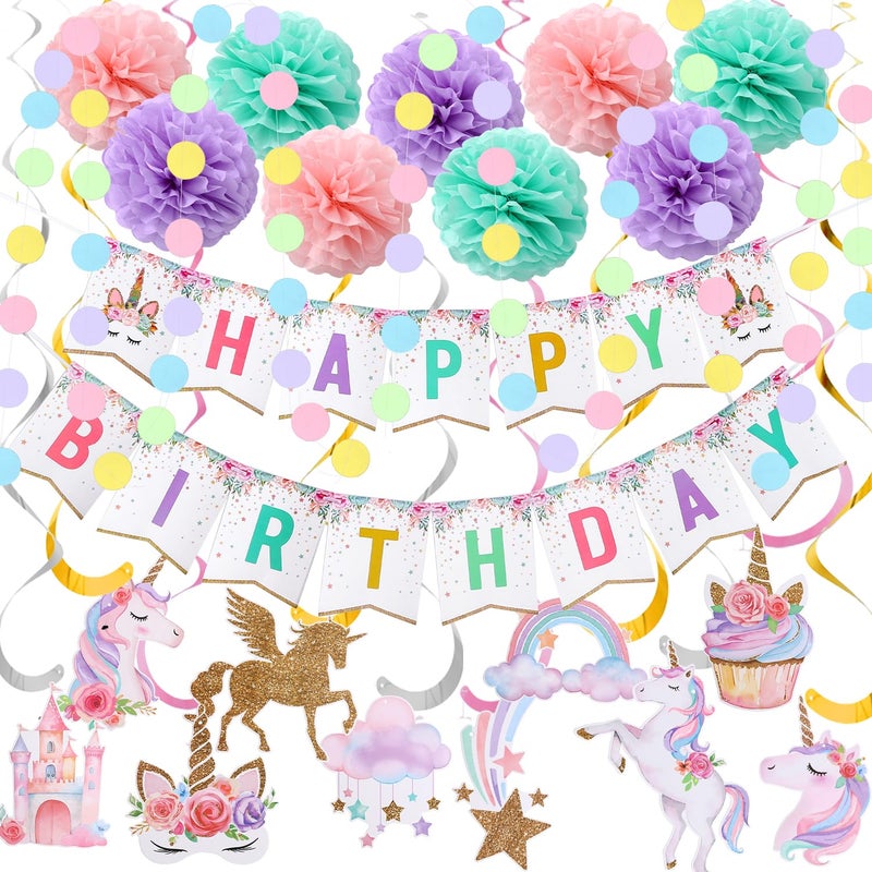 Unicorn Birthday Decorations Happy Birthday Banner9pcs Tissue Paper Pom Poms10pcs Hanging SwirlsMacaron Circle Dots Garland for Unicorn Party Decorations Girls Bday Party Decorations