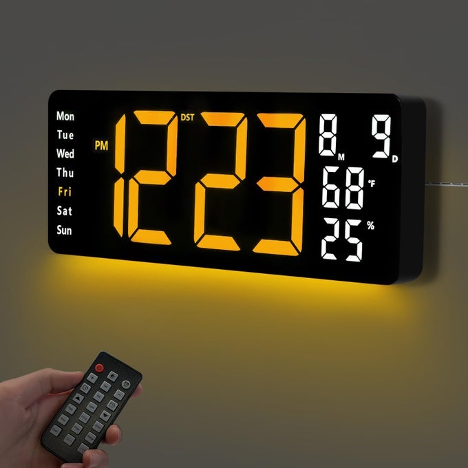175 DIGITAL WALL CLOCK LED DISPLAY WITH TIME DATE MONTH TEMPERATURE HUMIDITY REMOTE CONTROL DST ALARM TIMER 10LEVEL BRIGHTNESS NIGHT LIGHT FOR HOME LIVING ROOM BEDROOM OFFICE DCOR