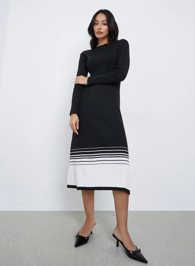 ستايلي فستان ميدي سويتر بنمط كتل الالوان مع أكمام طويلة