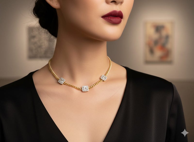 كوليه بسلسلة عريضة ومطلية باللون الذهبي ، بثلاث وحدات مربعة . كل مربع مغطى باللون الفضي ، وتتوسطه أحجار مستطيلة - وصلات إضافية لضبط المقاس. - Image 3