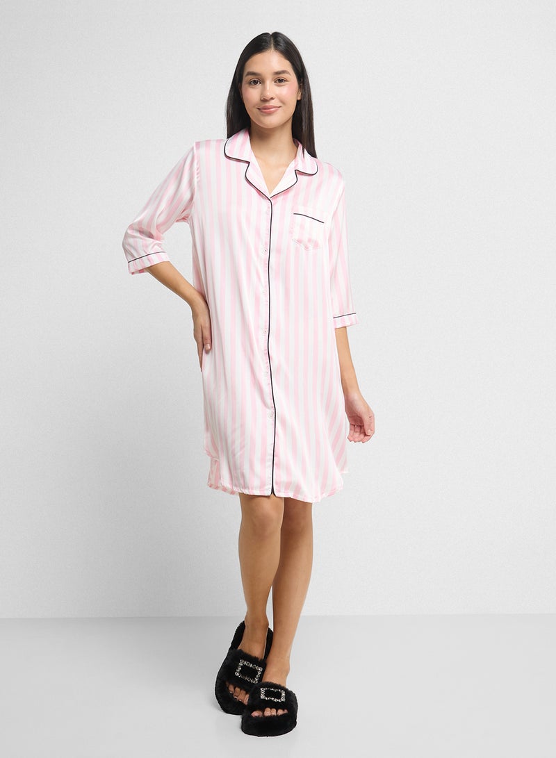 Ginger Satin Stripe Button Up Sleep Shirt Dress  - Image 4