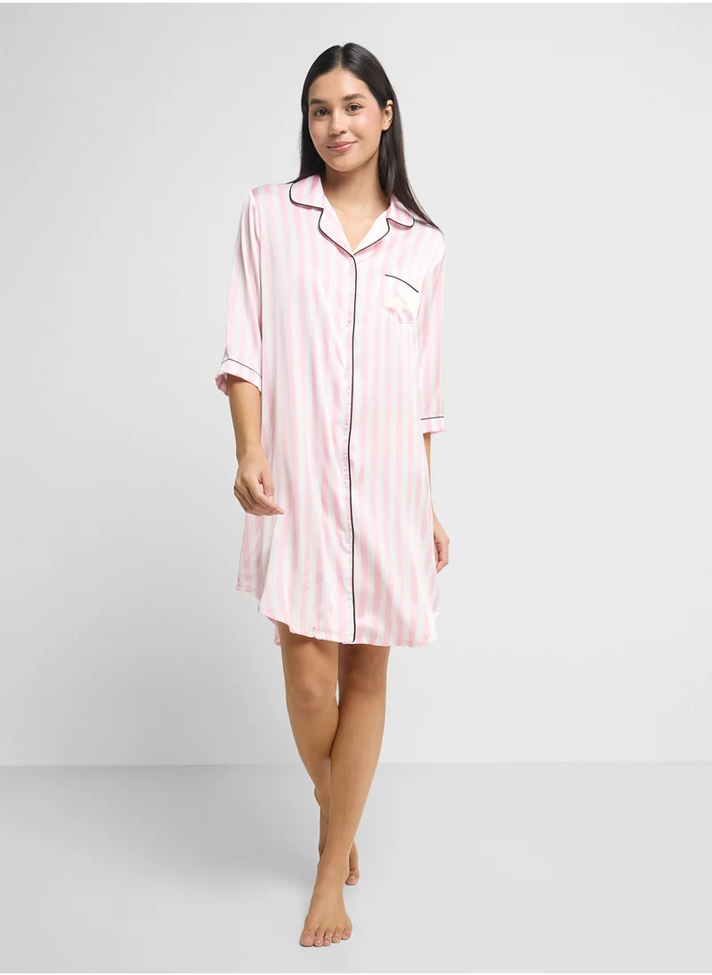جينجر Satin Stripe Button Up Sleep Shirt Dress