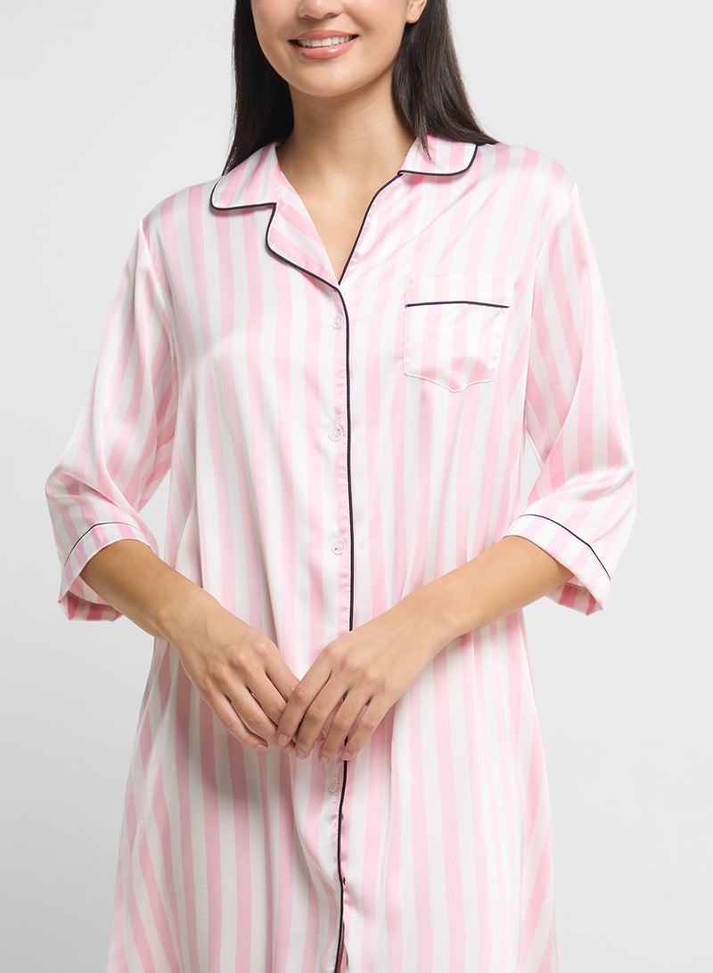 Ginger Satin Stripe Button Up Sleep Shirt Dress  - Image 3