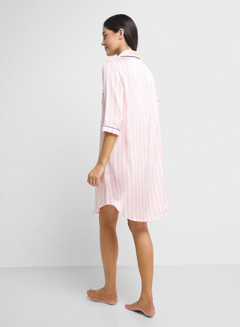Ginger Satin Stripe Button Up Sleep Shirt Dress  - Image 2