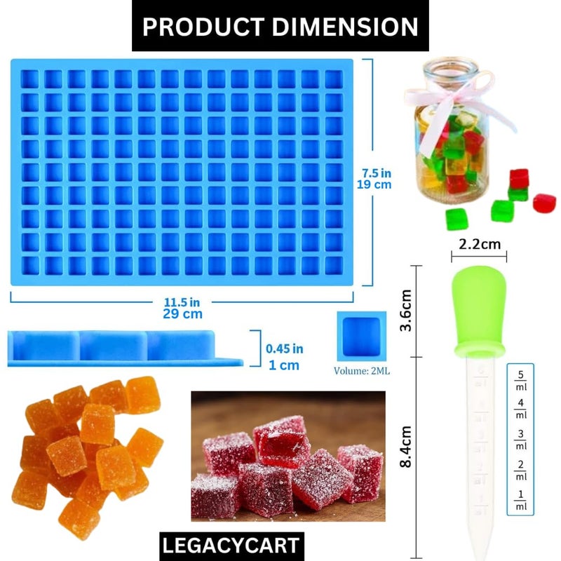 LEGACYCART 126 Cavity Mini Square Silicone Mould with 2 Droppers for Candy Chocolate Gummy Caramel Ganache Ice Cubes Jelly Truffles Pralines Marshmallow Sour Chewable Candy Cake Decor - Image 2
