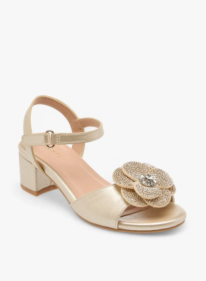 Celeste Girls Floral Accent Block Heel Sandals with Hook and Loop Closure