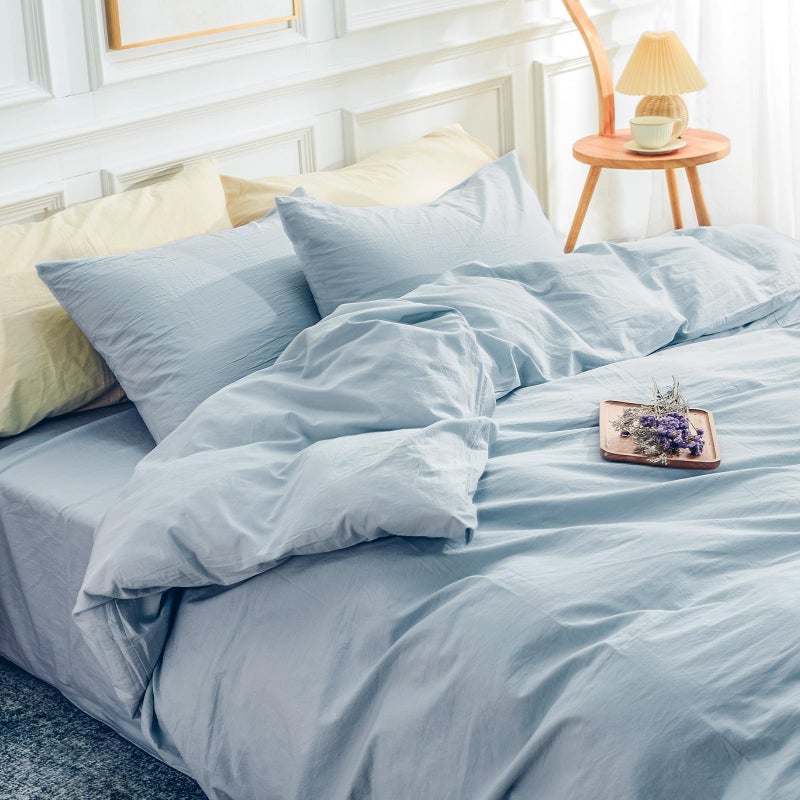 مجموعة أغطية لحاف NEXHOME PRO بحجم كوين مظهر الكتان المنسوج عضوي طبيعي 100 قطن مغسول 3 قطع مجموعة سرير مع إغلاق بسحاب ناعم بلون أزرق فاتح للأطفال بدون لحاف
