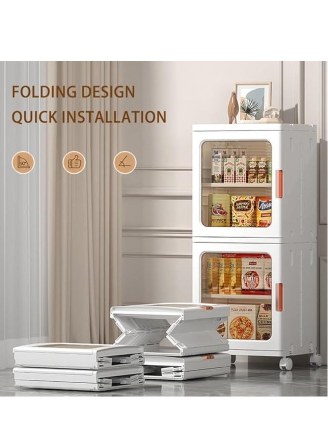 Generic 2 Tier Bathroom Storage Cabinet Kitchen Storage Organizer with Adjustable Shelves Foldable Storage Box with Transparent Doors and Wheels Stackable Storage Bin Kids Wardrobe for Small Space, Bathroom, Kitchen - Image 4