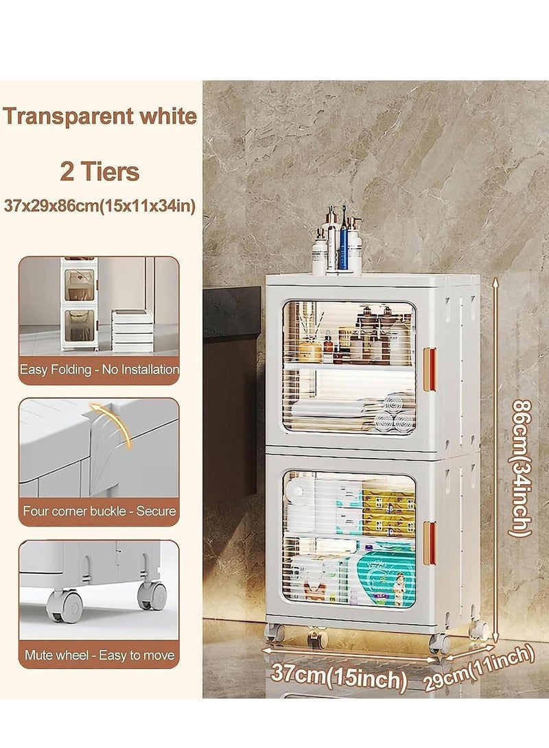 Generic 2 Tier Bathroom Storage Cabinet Kitchen Storage Organizer with Adjustable Shelves Foldable Storage Box with Transparent Doors and Wheels Stackable Storage Bin Kids Wardrobe for Small Space, Bathroom, Kitchen - Image 2
