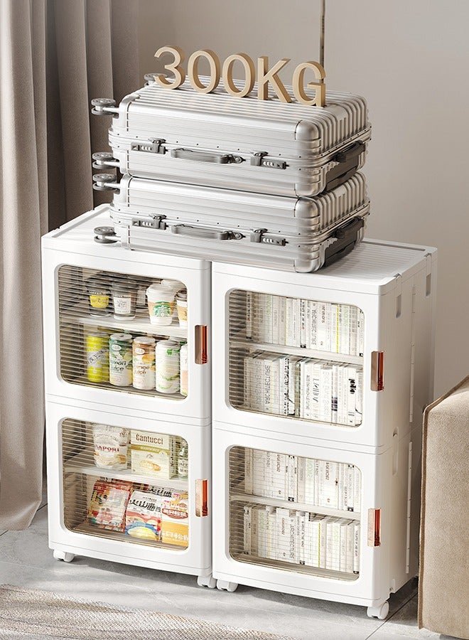 Generic 2 Tier Bathroom Storage Cabinet Kitchen Storage Organizer with Adjustable Shelves Foldable Storage Box with Transparent Doors and Wheels Stackable Storage Bin Kids Wardrobe for Small Space, Bathroom, Kitchen - Image 3