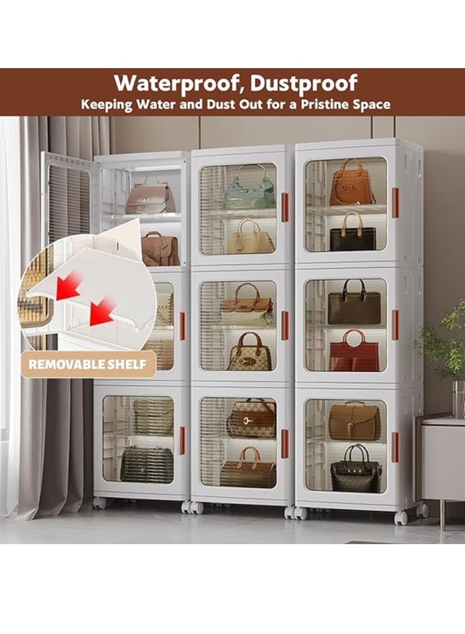 Generic 2 Tier Bathroom Storage Cabinet Kitchen Storage Organizer with Adjustable Shelves Foldable Storage Box with Transparent Doors and Wheels Stackable Storage Bin Kids Wardrobe for Small Space, Bathroom, Kitchen - Image 5