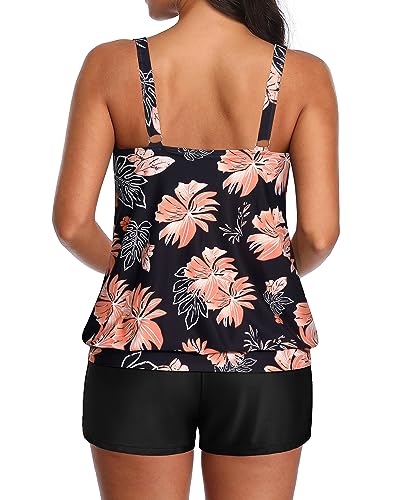 Aqua Eve Two Piece Women's Tankini Swimsuits Blouson Swim Tank Top with Shorts Modest Bathing Suits Black Floral XL - Image 2