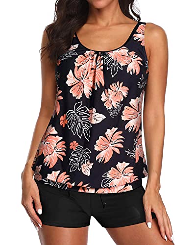 Aqua Eve Two Piece Women's Tankini Swimsuits Blouson Swim Tank Top with Shorts Modest Bathing Suits Black Floral XL - Image 4
