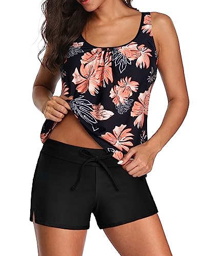 Aqua Eve Two Piece Women's Tankini Swimsuits Blouson Swim Tank Top with Shorts Modest Bathing Suits Black Floral XL - Image 1