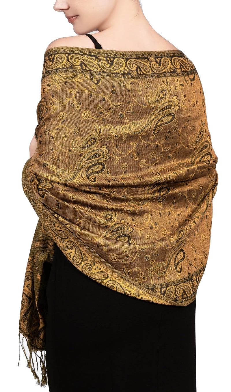 Achillea Soft Silky Reversible Paisley Pashmina Shawl Wrap Scarf w/Fringes (Bronze) - Image 5