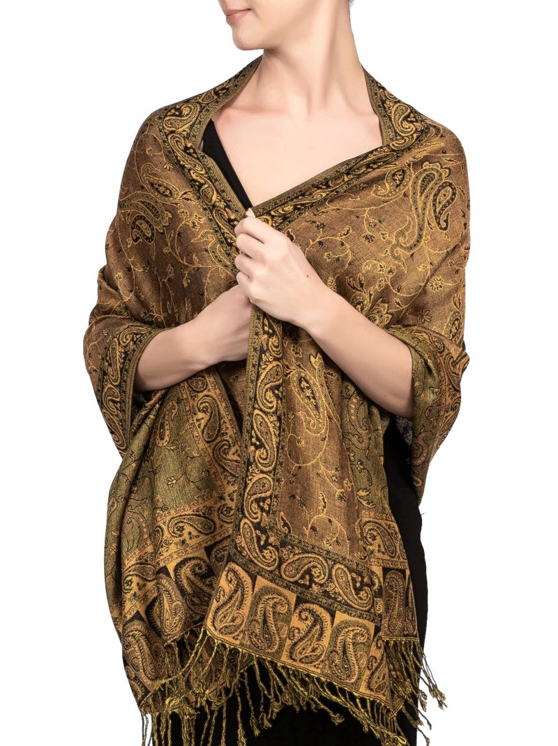 Achillea Soft Silky Reversible Paisley Pashmina Shawl Wrap Scarf w/Fringes (Bronze) - Image 2