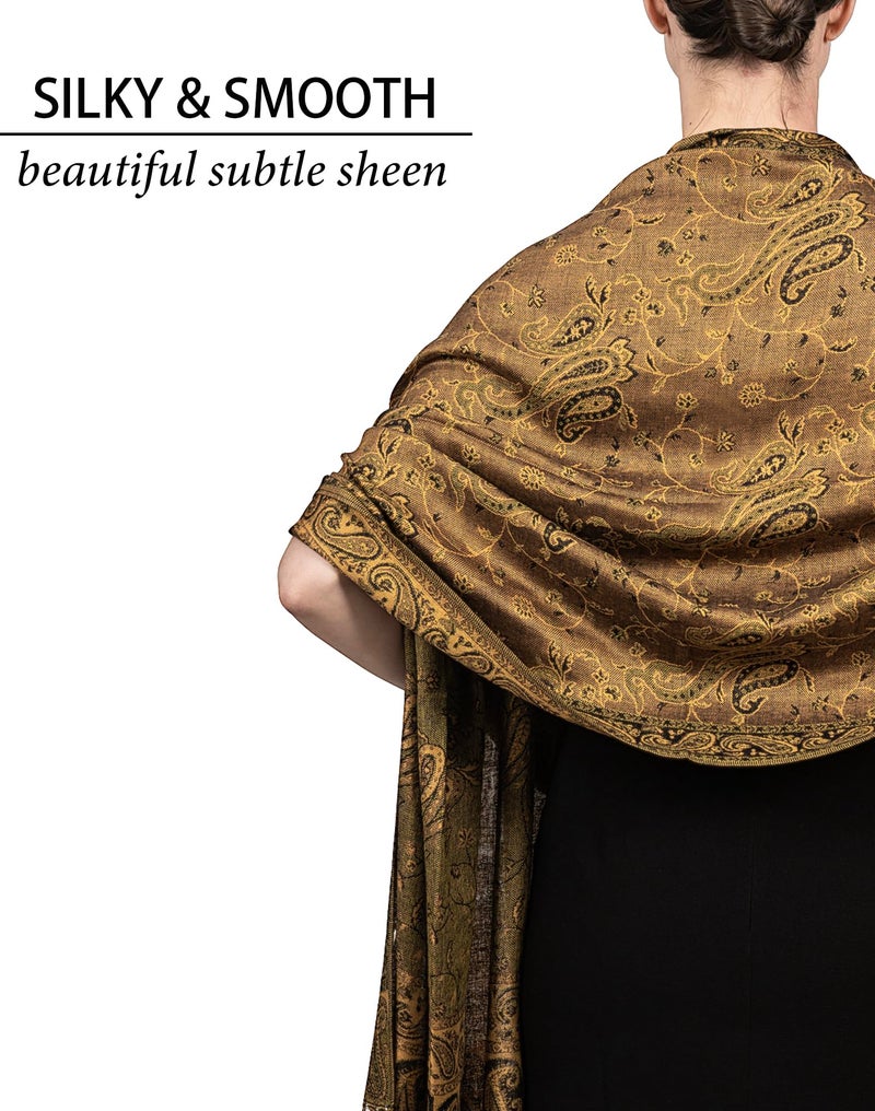 Achillea Soft Silky Reversible Paisley Pashmina Shawl Wrap Scarf w/Fringes (Bronze) - Image 4