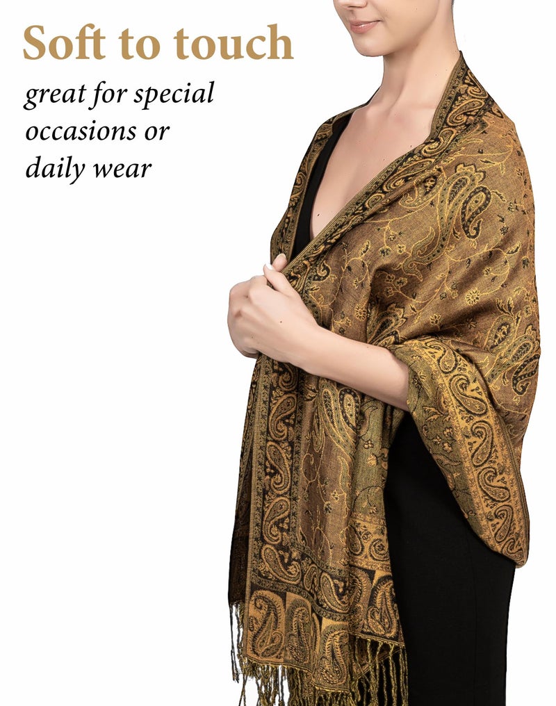 Achillea Soft Silky Reversible Paisley Pashmina Shawl Wrap Scarf w/Fringes (Bronze) - Image 3