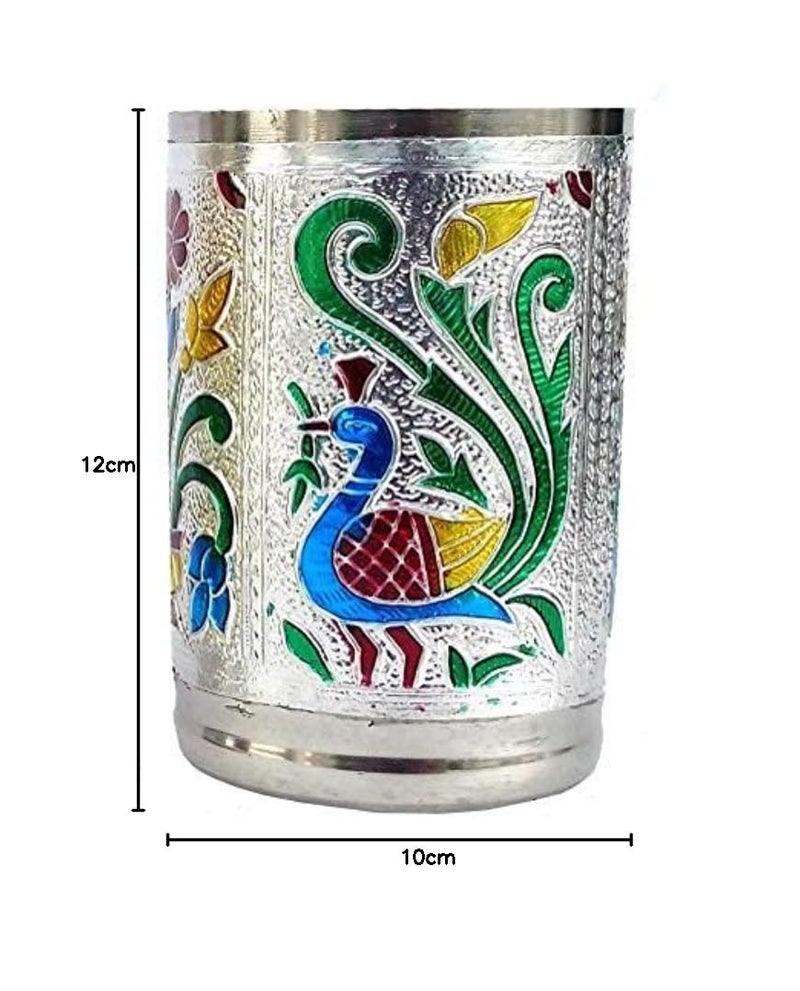 Kavid DHAVL Stainless Steel Glass Indian Handmade Meena Work Peacock Design Tumbler for Diwali Christmas Silver Set of 6 - Image 4