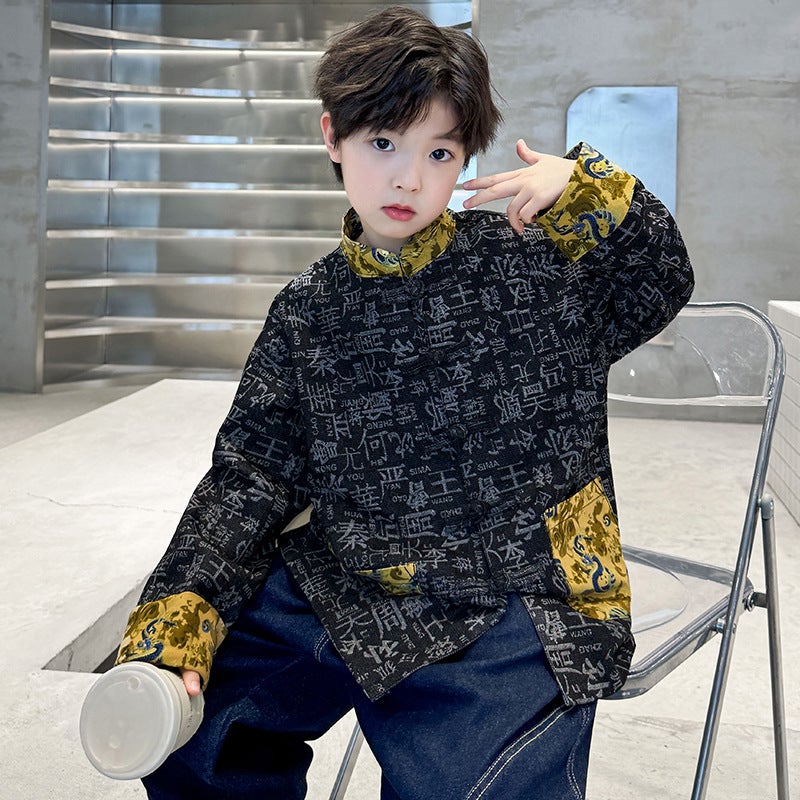 Boys' Autumn Hundred Family Name Guofeng Denim Coat Big Children'S Western Style Buckle Jacquard Jacket Windbreaker - Image 3