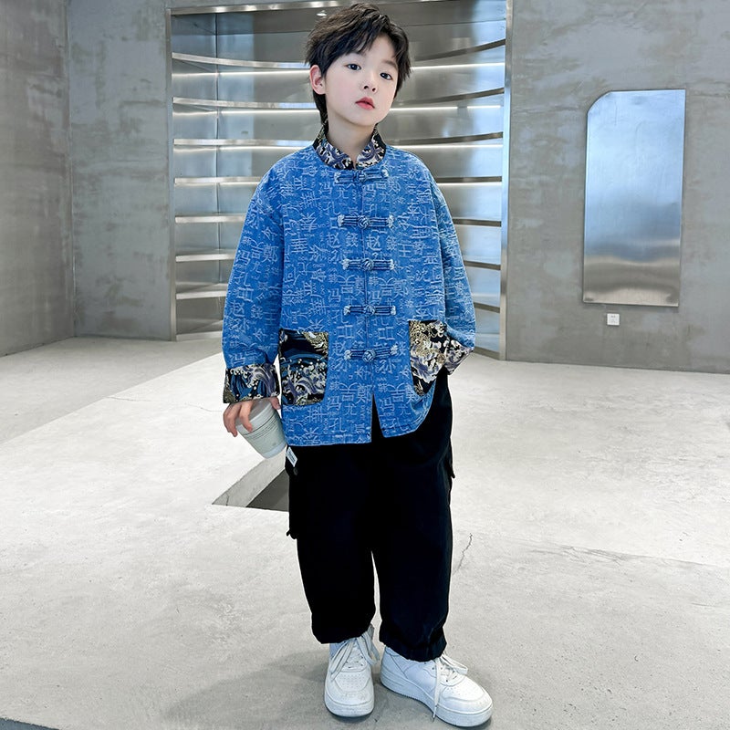 Boys' Autumn Hundred Family Name Guofeng Denim Coat Big Children'S Western Style Buckle Jacquard Jacket Windbreaker - Image 4