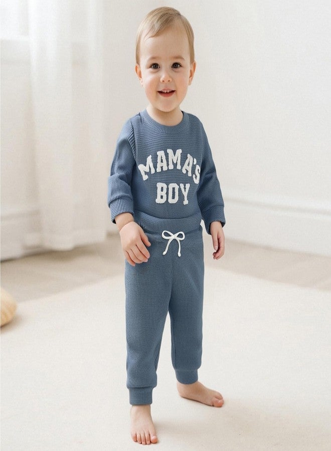 MERSARIPHY Newborn Baby Boy Fall Winter Clothes Mama's Boy Little Dude Outfit Embroidery Waffle Knit Romper Pants Sets, Blue-mama's Boy, 3-6 months - Image 3