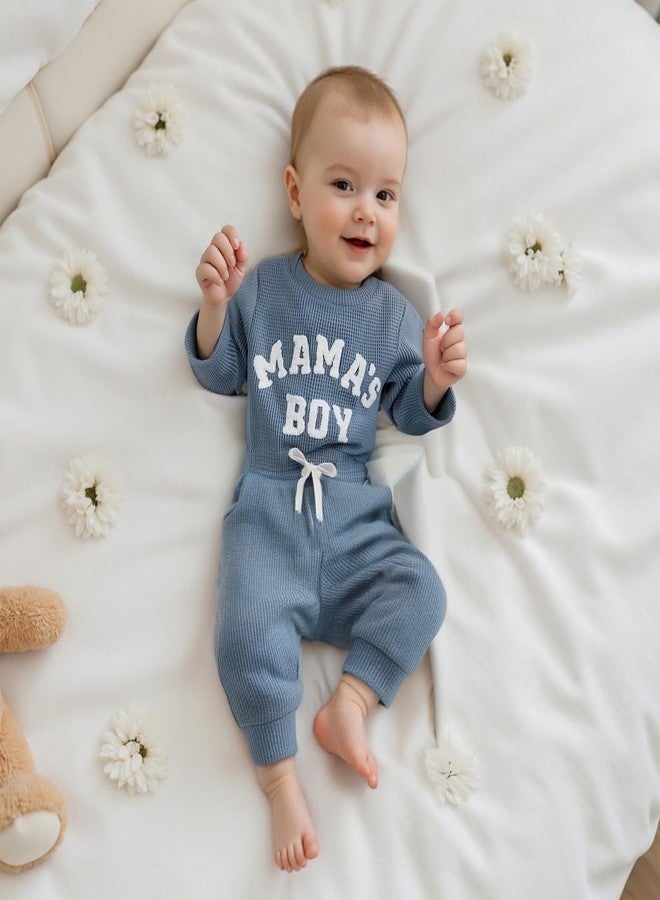 MERSARIPHY Newborn Baby Boy Fall Winter Clothes Mama's Boy Little Dude Outfit Embroidery Waffle Knit Romper Pants Sets, Blue-mama's Boy, 3-6 months - Image 2